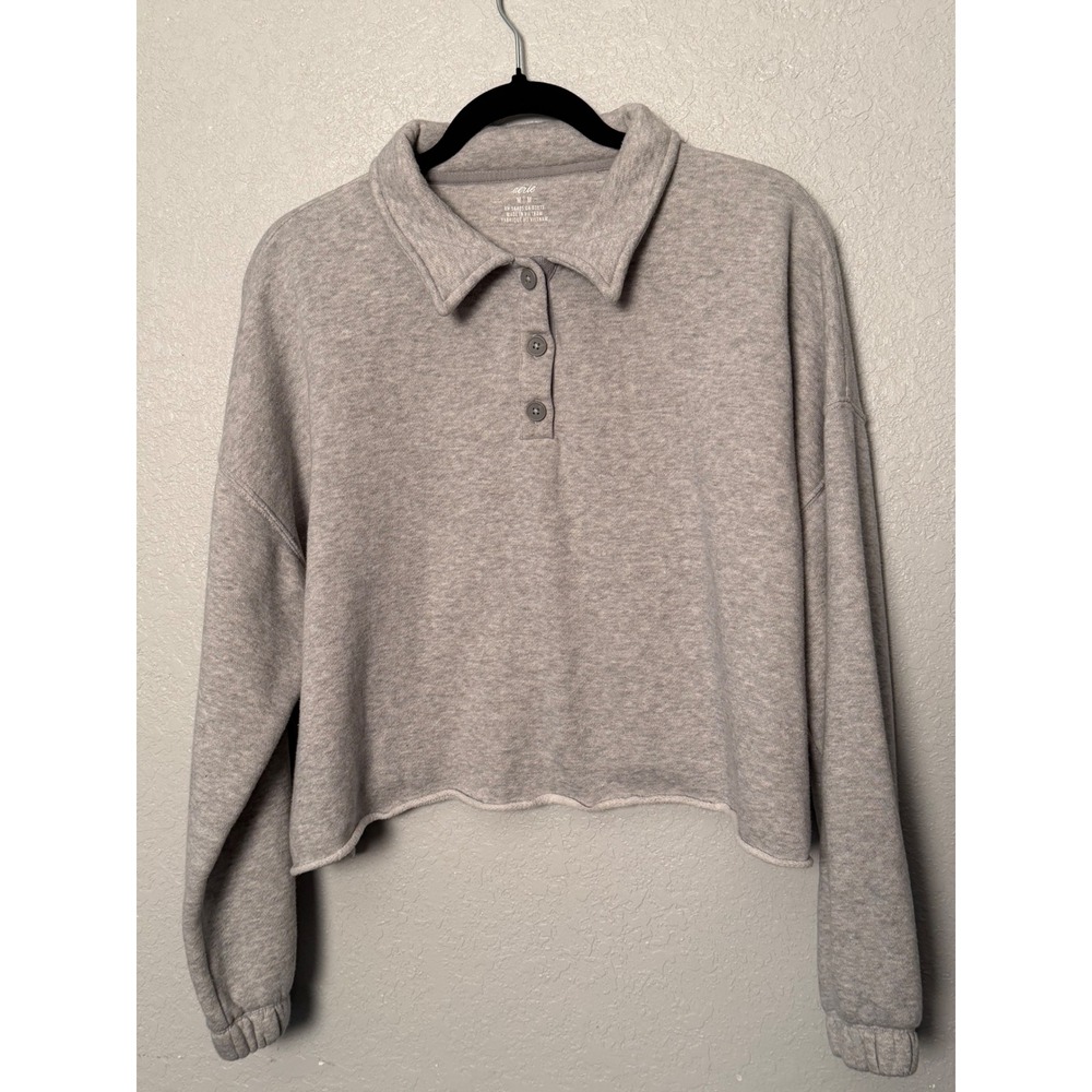 Aerie Cropped Fleece Sweatshirt Women's M Gray Button Collar Pullover Heather